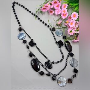 Vintage Black Crystal and Mother of Pearl Multi Strand Necklace